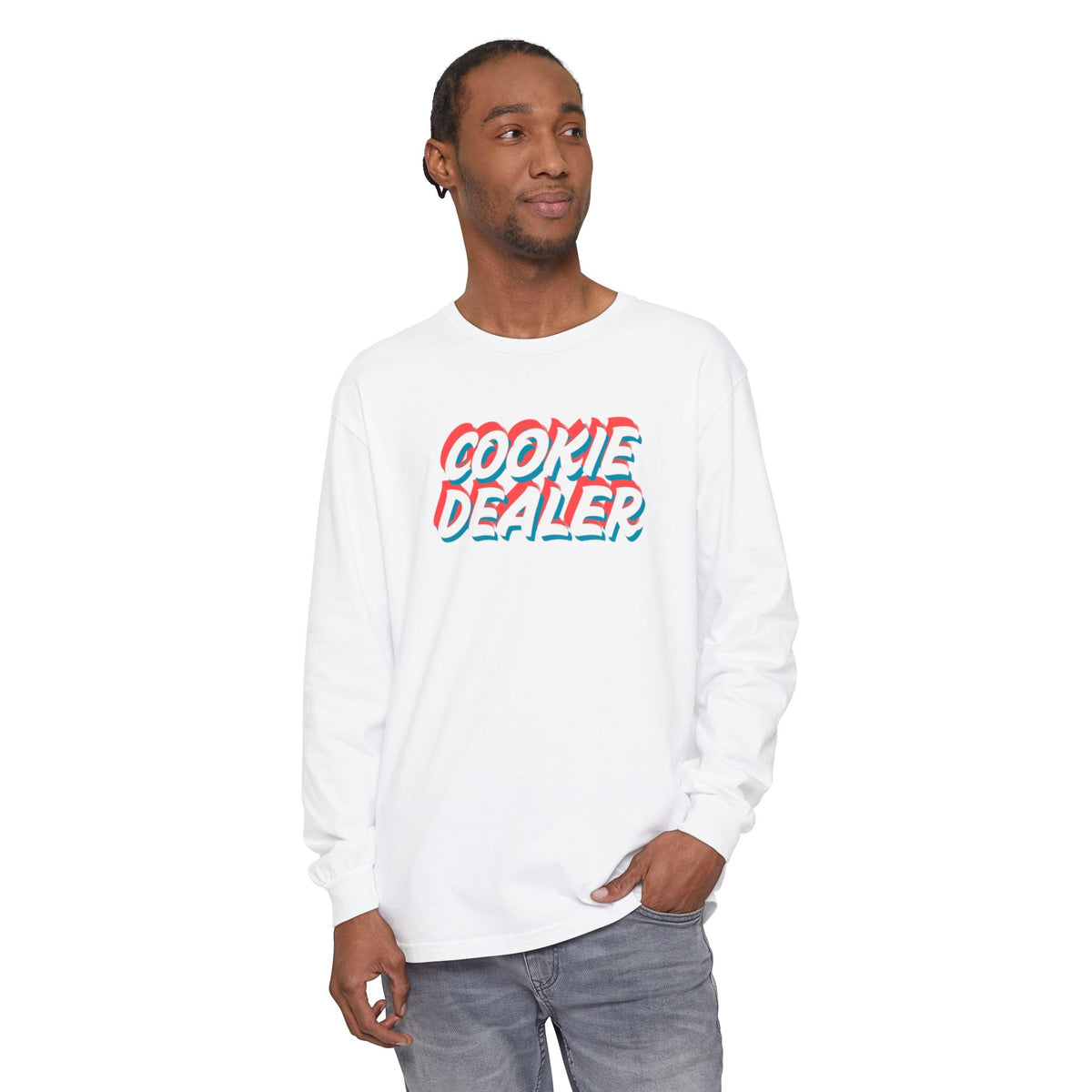 Cookie Dealer Long Sleeve Tee — Retro 3D Text Graphic Shirt
