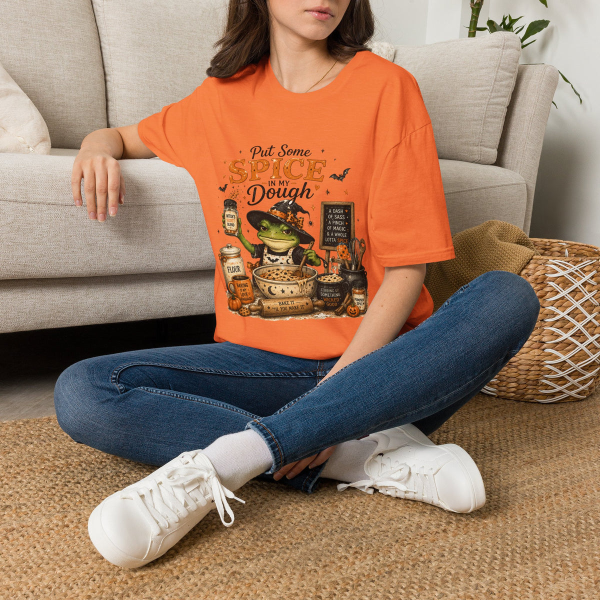 Halloween Witch T-Shirt — "Put Some Spice In My Dough" Pumpkin Spice Baking Tee