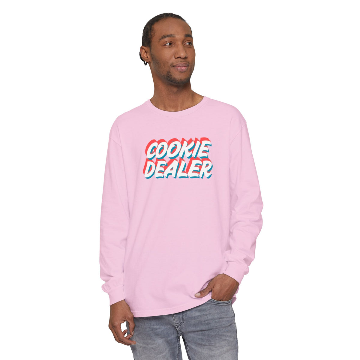 Cookie Dealer Long Sleeve Tee — Retro 3D Text Graphic Shirt