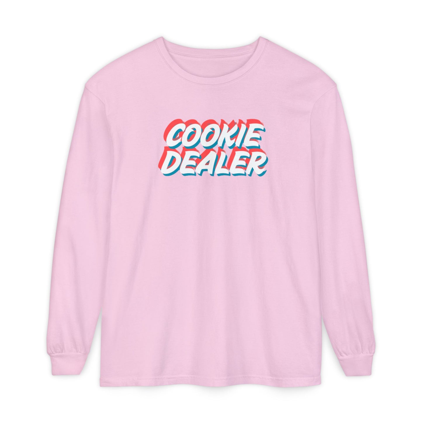 Cookie Dealer Long Sleeve Tee — Retro 3D Text Graphic Shirt