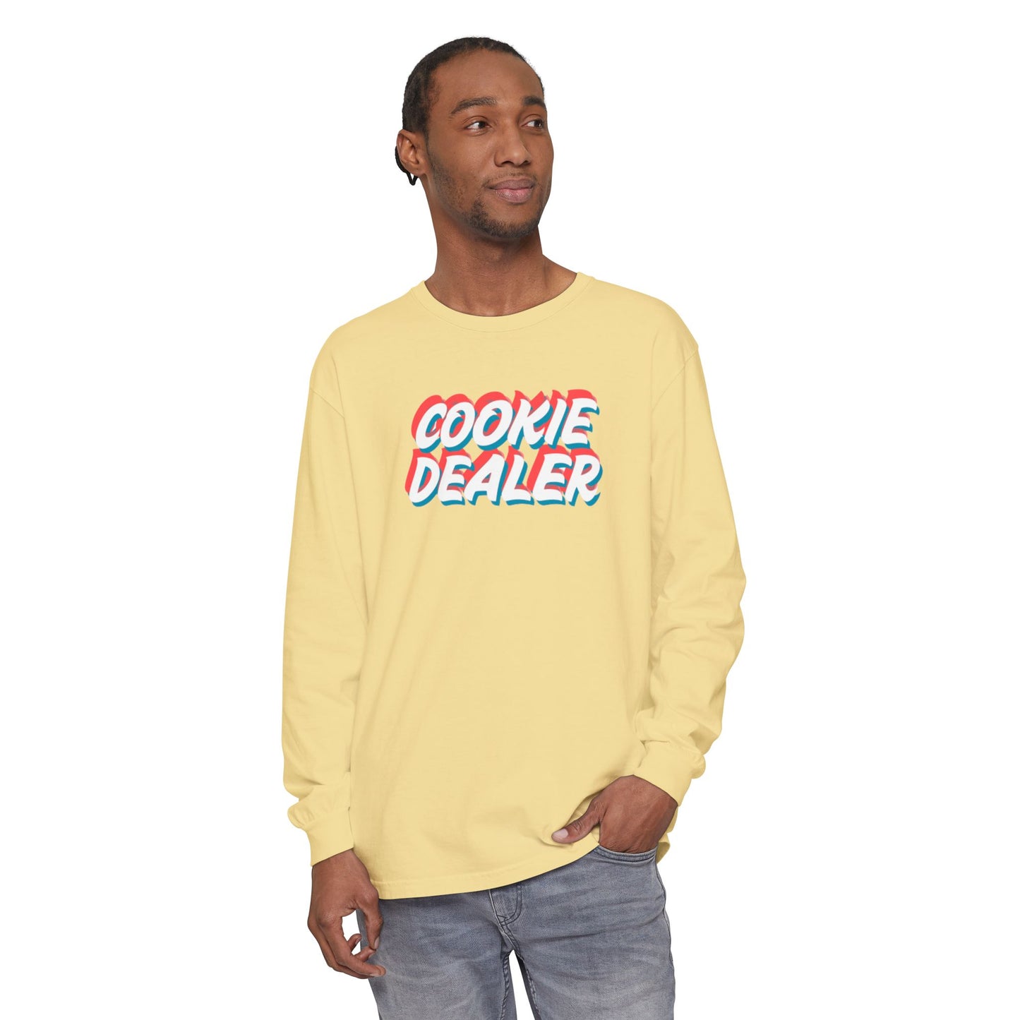 Cookie Dealer Long Sleeve Tee — Retro 3D Text Graphic Shirt