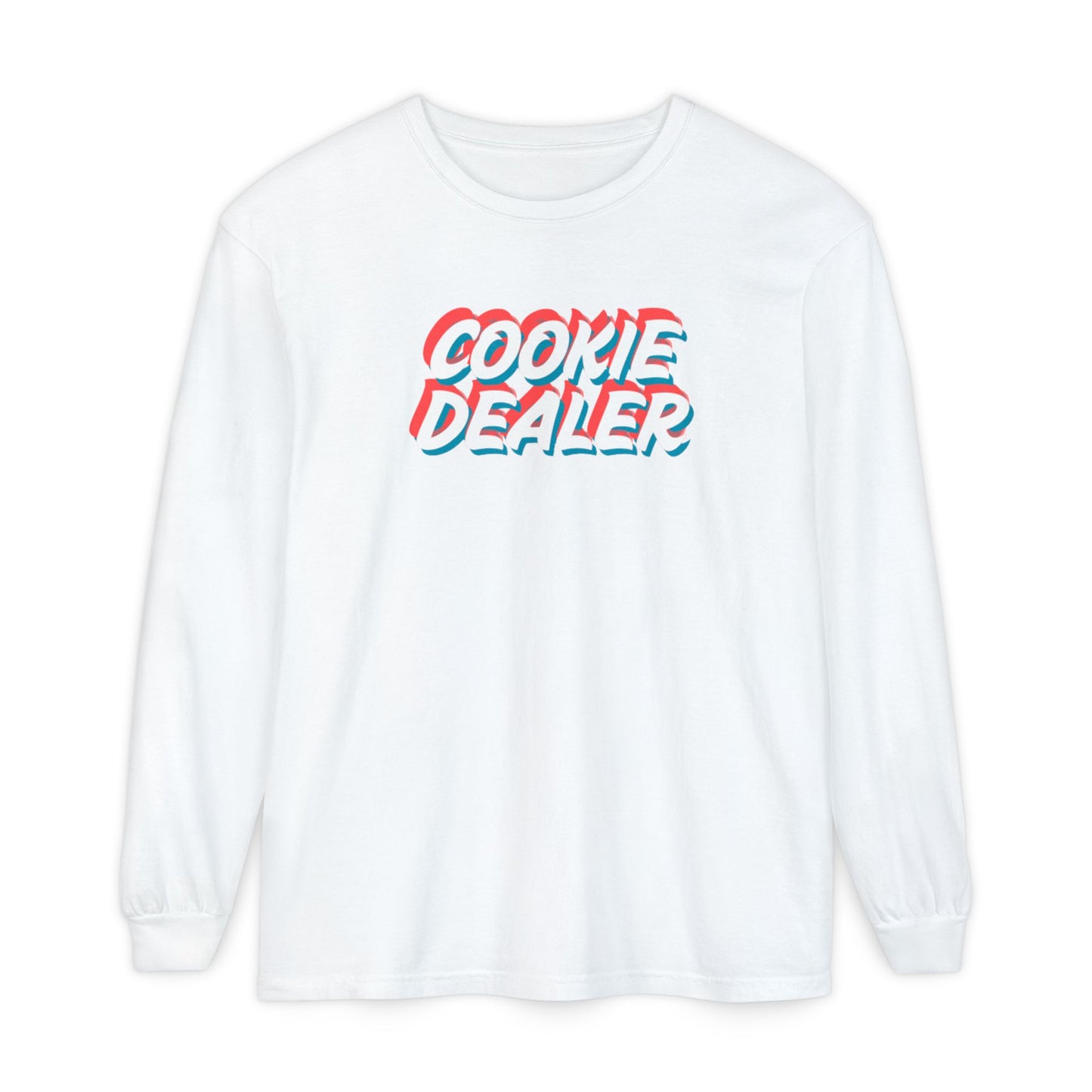 Cookie Dealer Long Sleeve Tee — Retro 3D Text Graphic Shirt