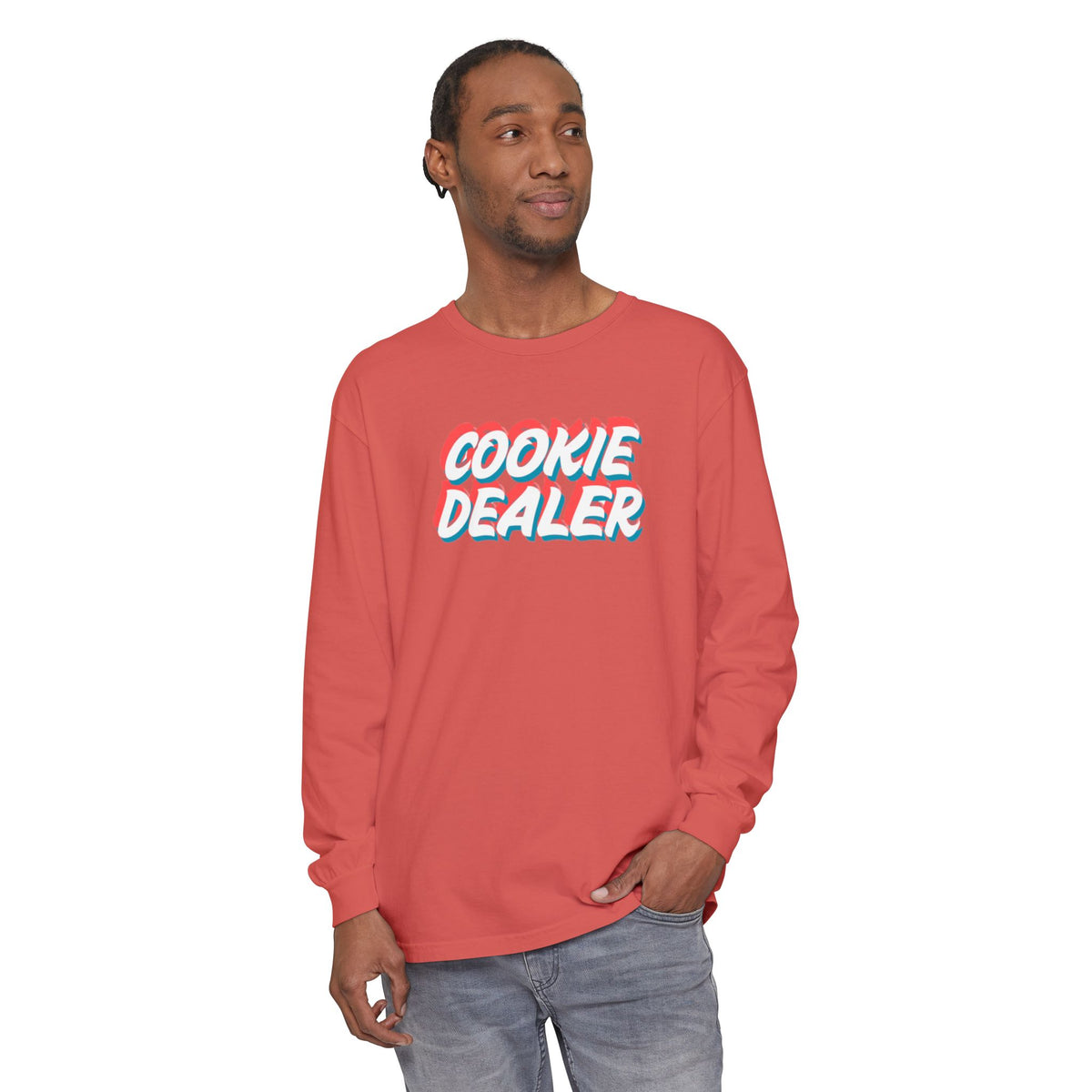 Cookie Dealer Long Sleeve Tee — Retro 3D Text Graphic Shirt
