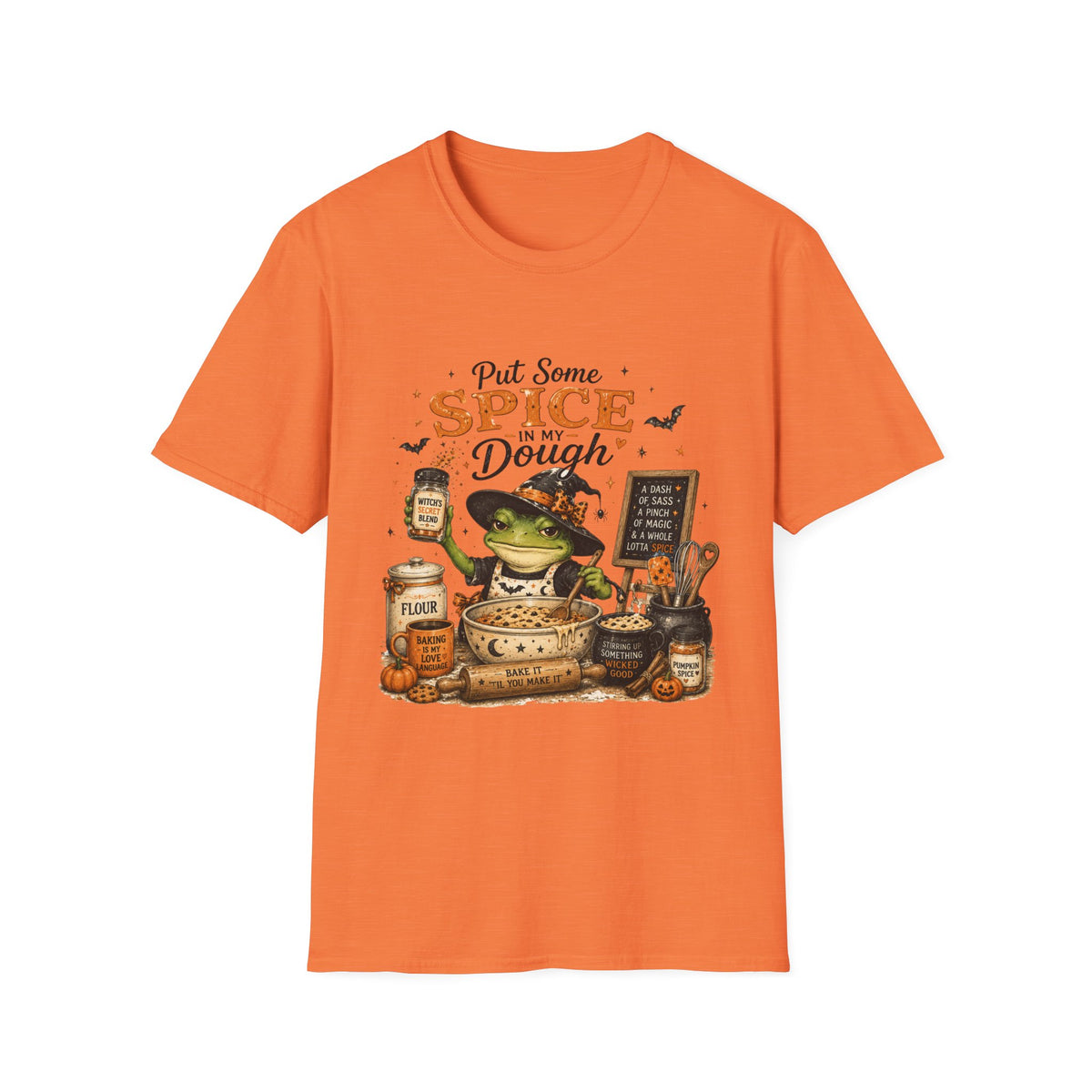 Halloween Witch T-Shirt — "Put Some Spice In My Dough" Pumpkin Spice Baking Tee