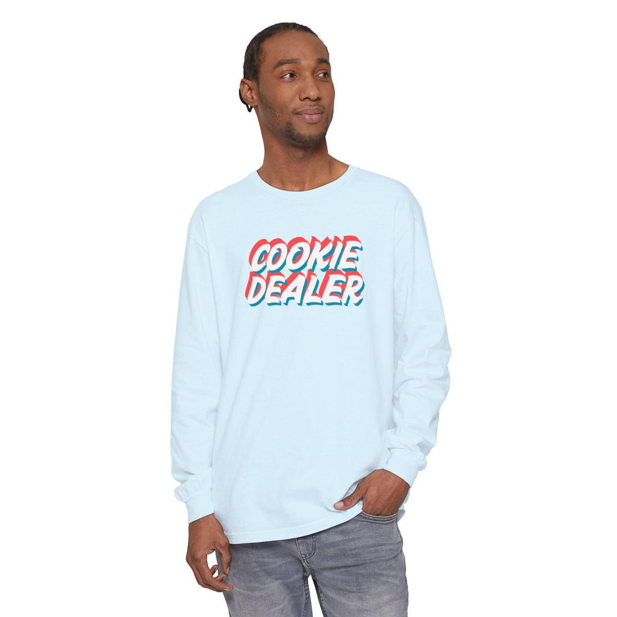 Cookie Dealer Long Sleeve Tee — Retro 3D Text Graphic Shirt