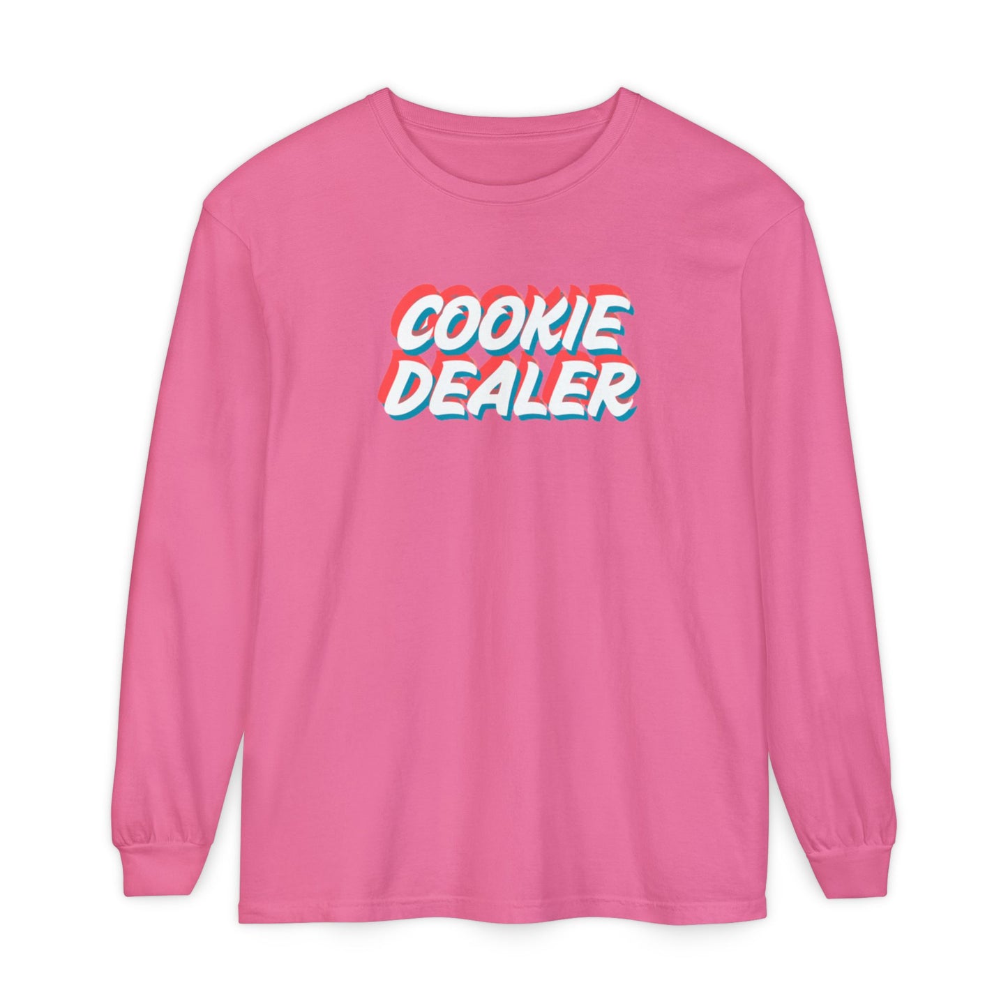 Cookie Dealer Long Sleeve Tee — Retro 3D Text Graphic Shirt