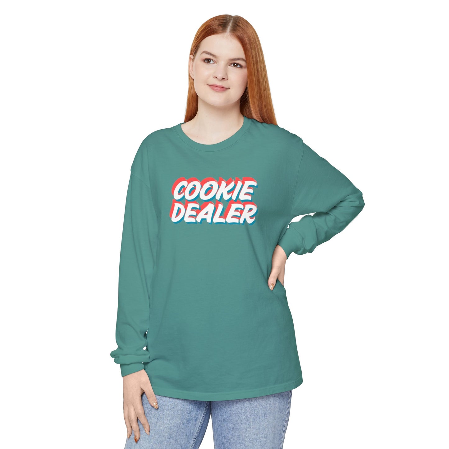Cookie Dealer Long Sleeve Tee — Retro 3D Text Graphic Shirt