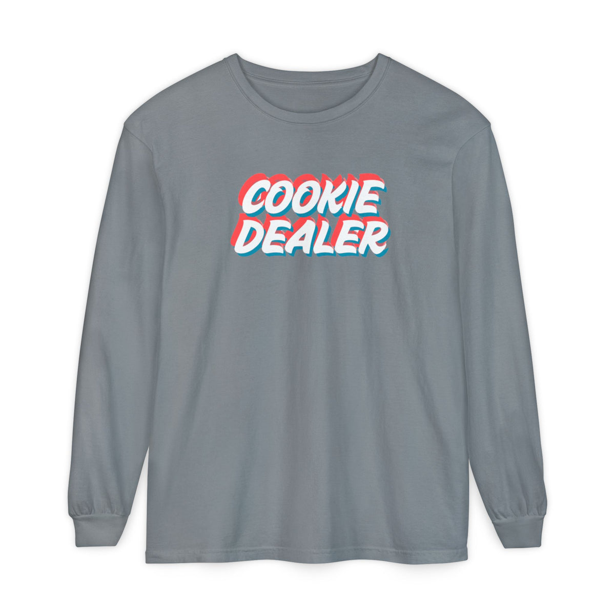Cookie Dealer Long Sleeve Tee — Retro 3D Text Graphic Shirt