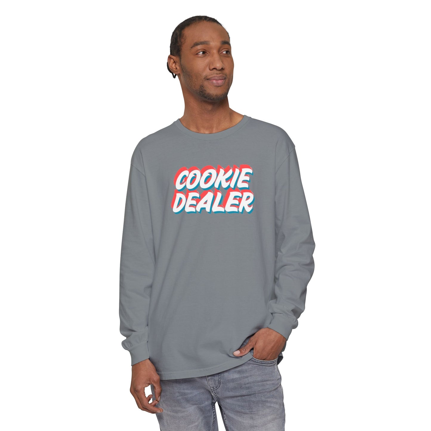 Cookie Dealer Long Sleeve Tee — Retro 3D Text Graphic Shirt