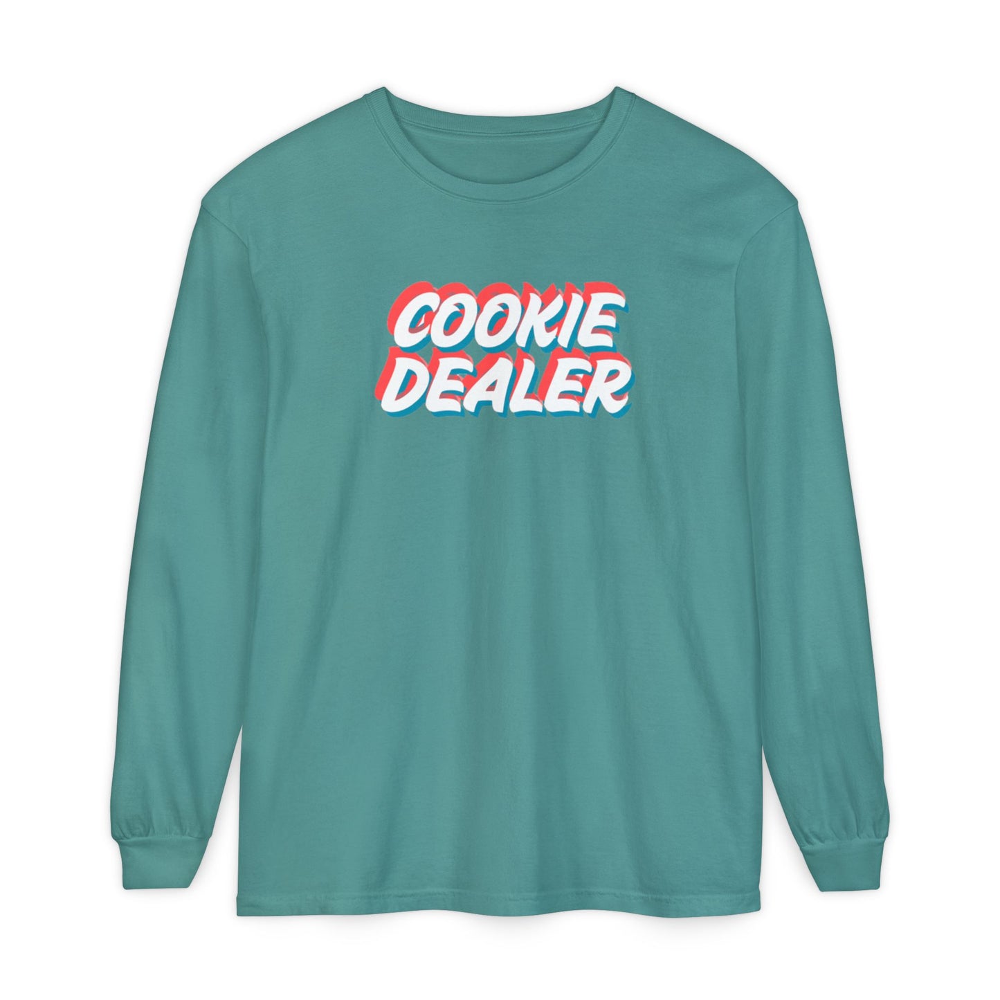 Cookie Dealer Long Sleeve Tee — Retro 3D Text Graphic Shirt