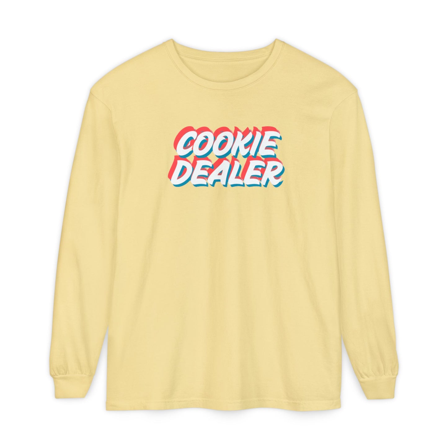 Cookie Dealer Long Sleeve Tee — Retro 3D Text Graphic Shirt