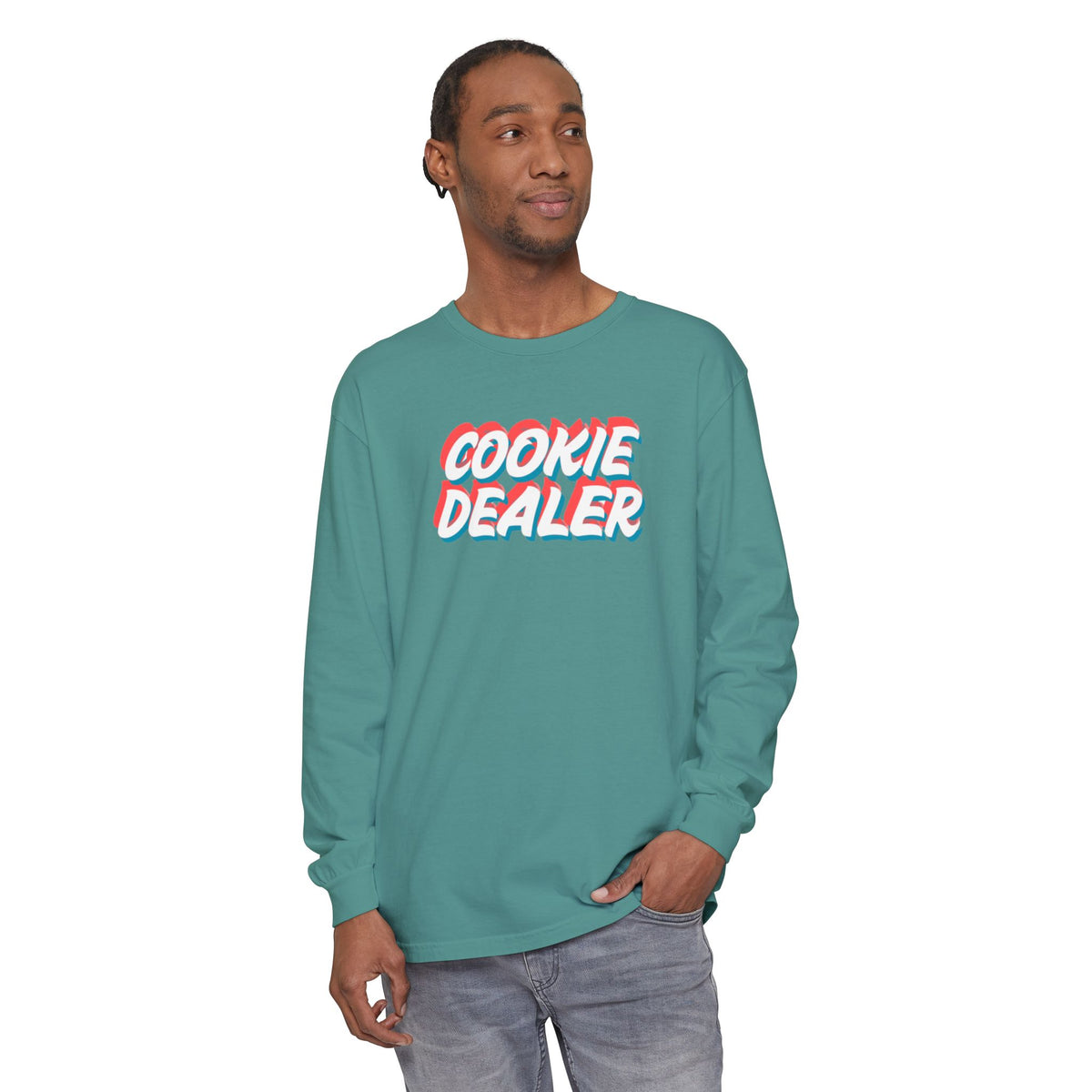Cookie Dealer Long Sleeve Tee — Retro 3D Text Graphic Shirt