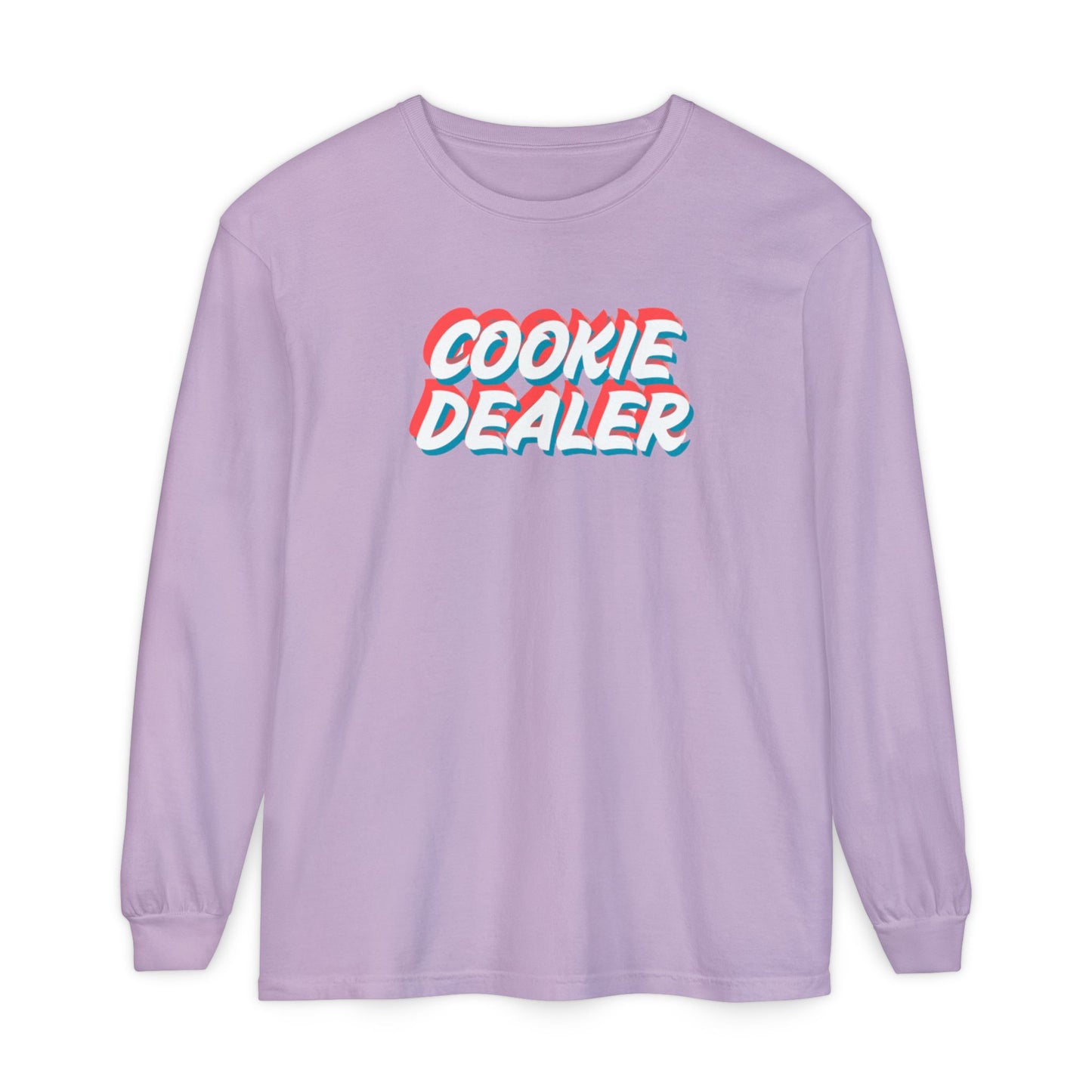 Cookie Dealer Long Sleeve Tee — Retro 3D Text Graphic Shirt
