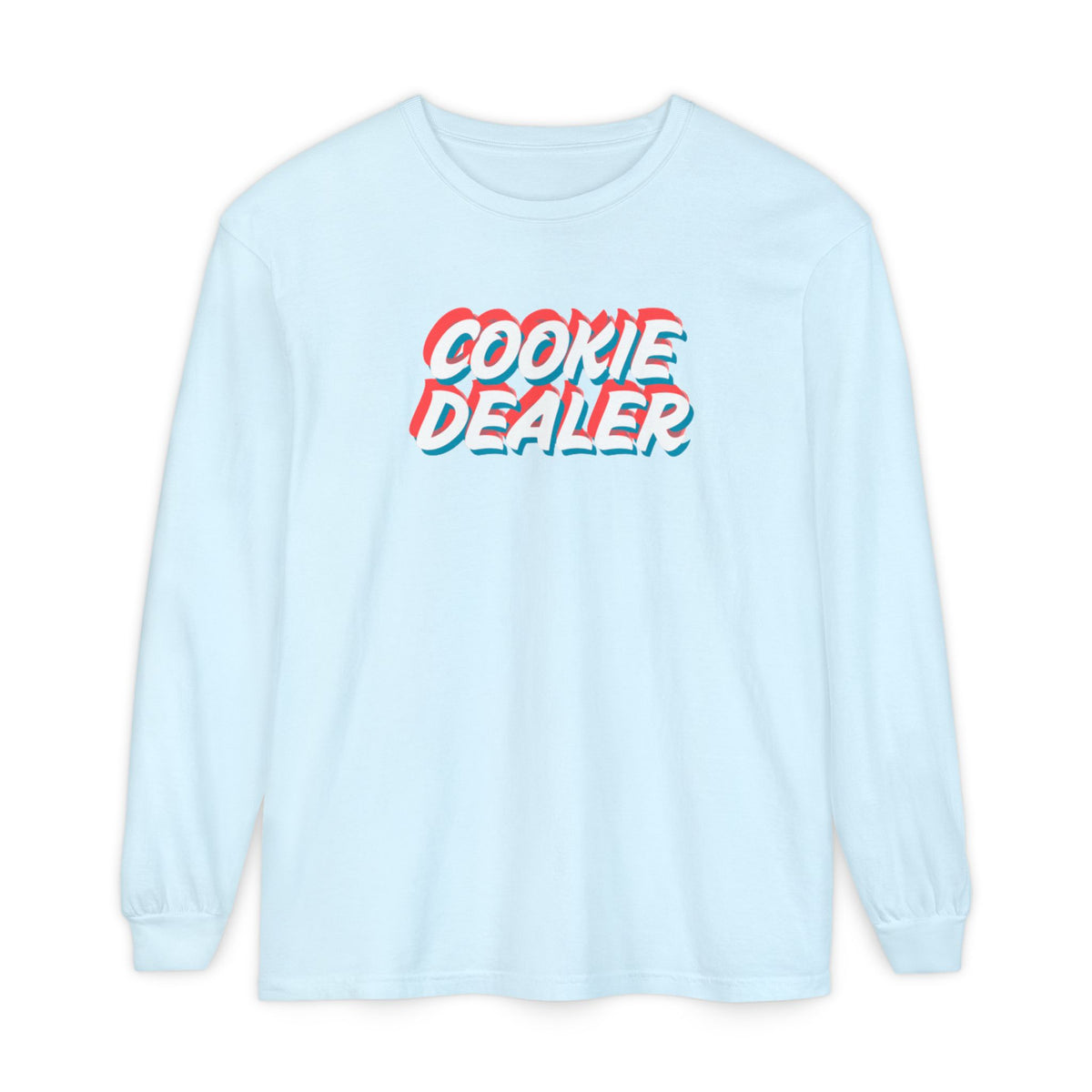 Cookie Dealer Long Sleeve Tee — Retro 3D Text Graphic Shirt