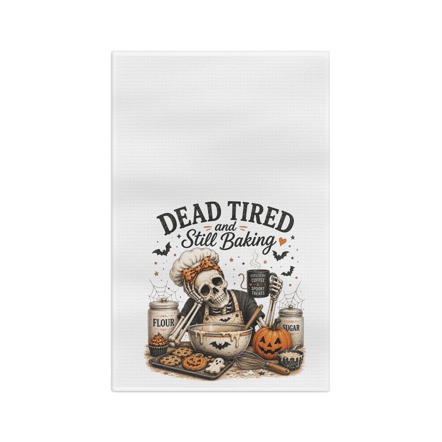 Halloween Baking Tea Towel — "Dead Tired and Still Baking" Microfiber Kitchen Towel