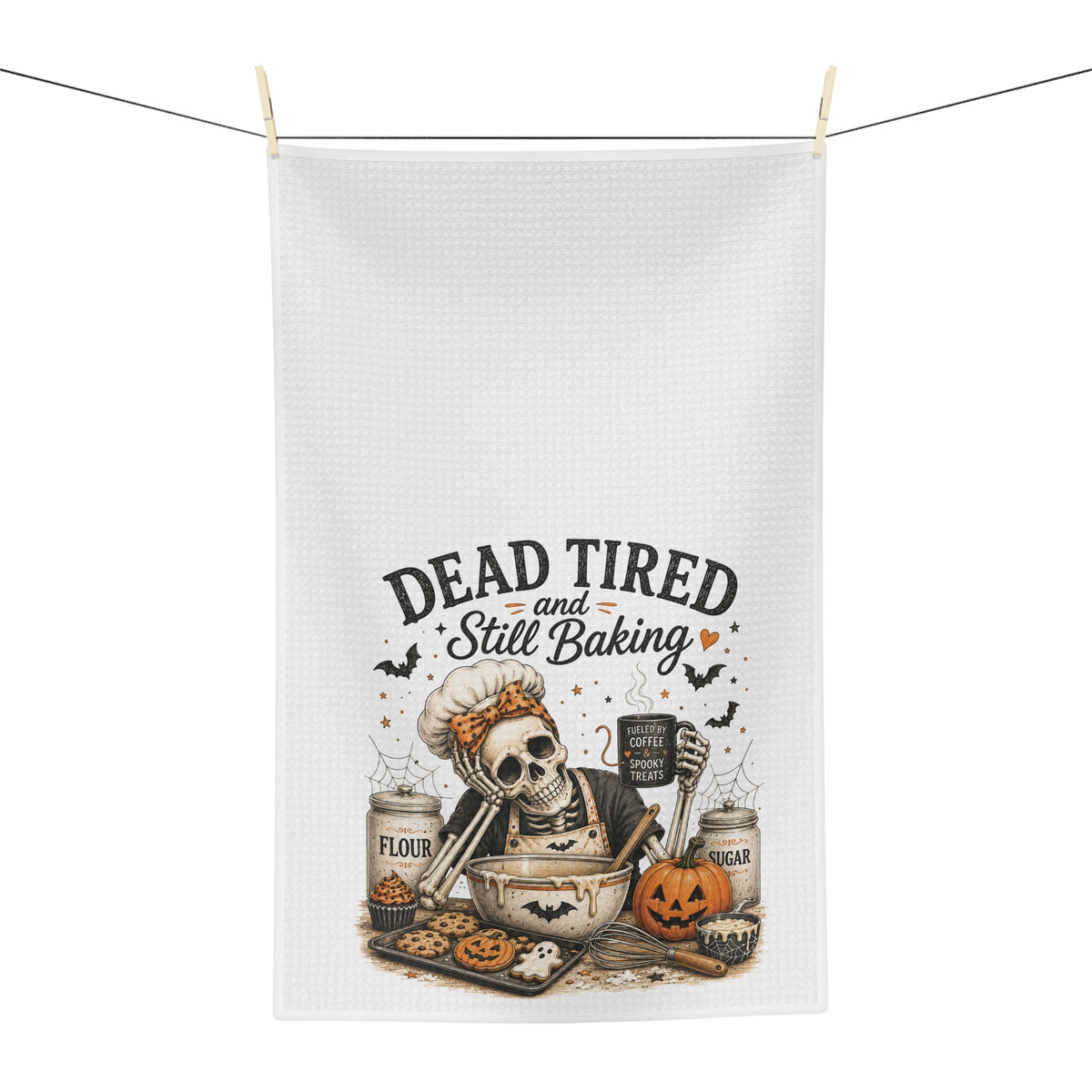 Halloween Baking Tea Towel — "Dead Tired and Still Baking" Microfiber Kitchen Towel