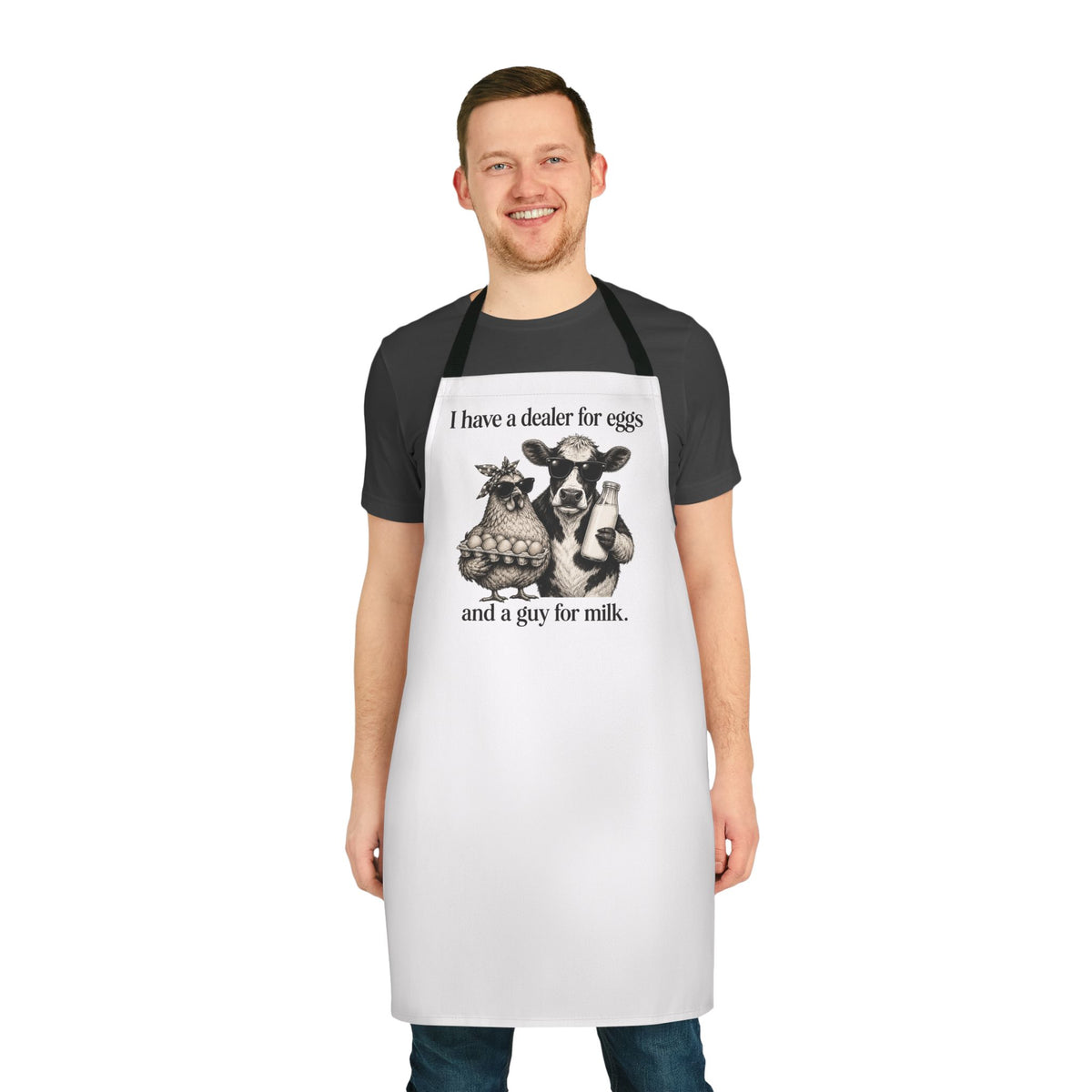 Farmer Kitchen Apron — "I have a dealer for eggs and a guy for milk" Cute Hen & Cow Gift