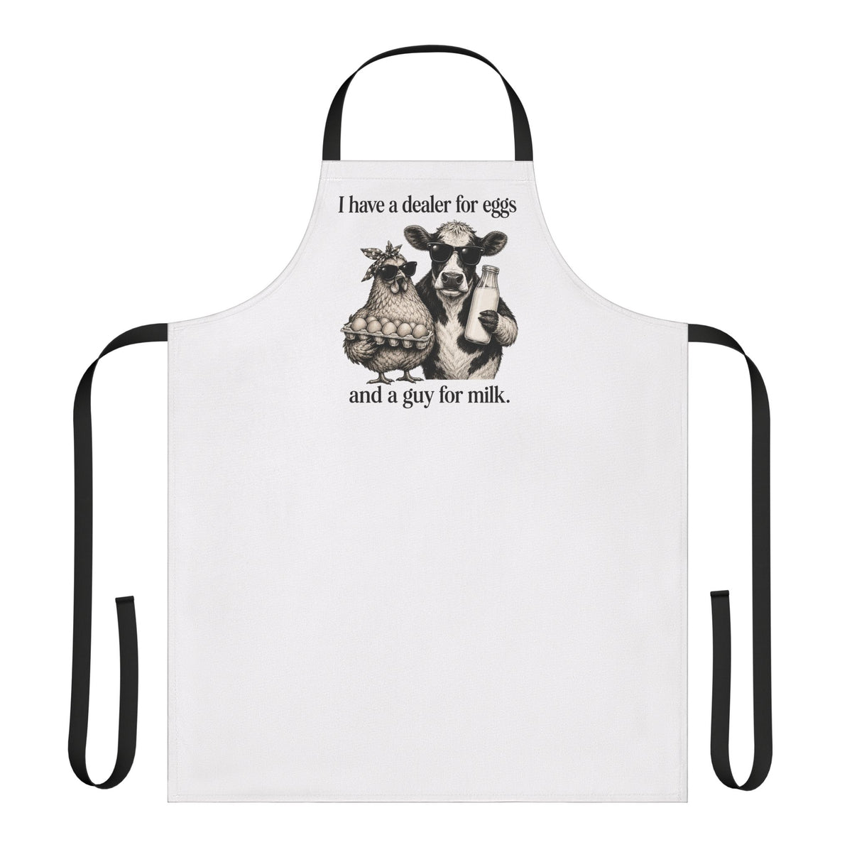 Farmer Kitchen Apron — "I have a dealer for eggs and a guy for milk" Cute Hen & Cow Gift