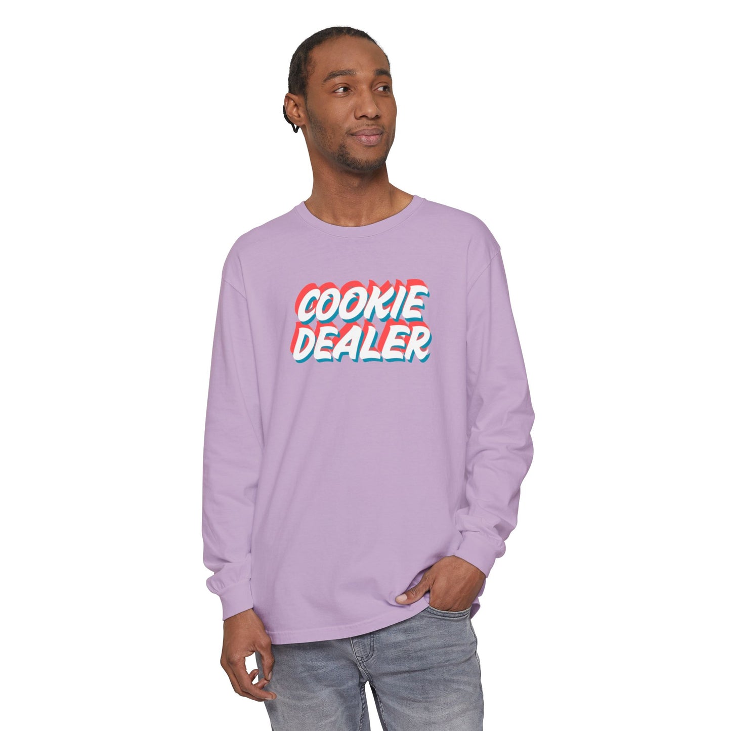 Cookie Dealer Long Sleeve Tee — Retro 3D Text Graphic Shirt
