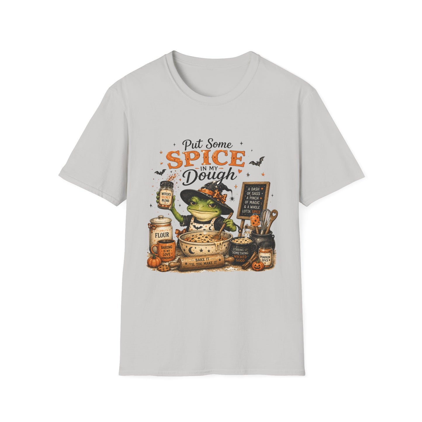 Halloween Witch T-Shirt — "Put Some Spice In My Dough" Pumpkin Spice Baking Tee