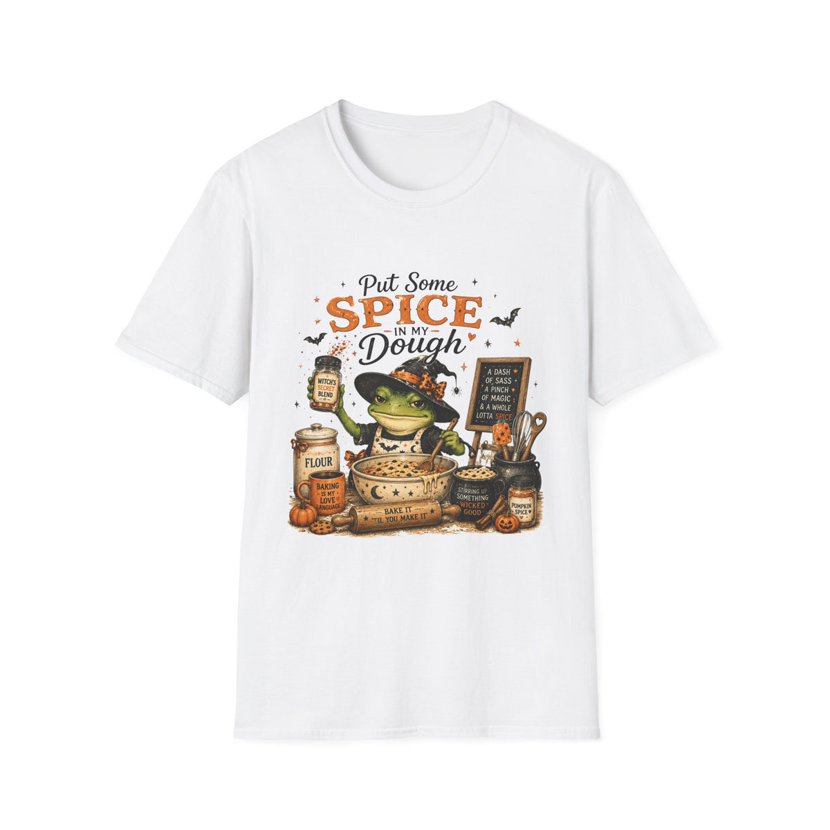 Halloween Witch T-Shirt — "Put Some Spice In My Dough" Pumpkin Spice Baking Tee