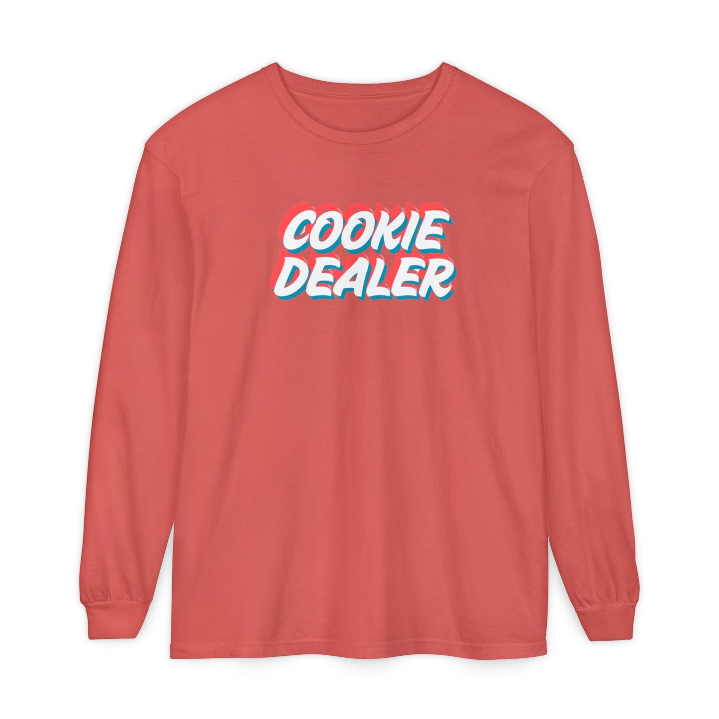 Cookie Dealer Long Sleeve Tee — Retro 3D Text Graphic Shirt