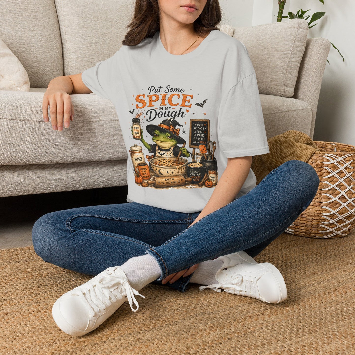 Halloween Witch T-Shirt — "Put Some Spice In My Dough" Pumpkin Spice Baking Tee
