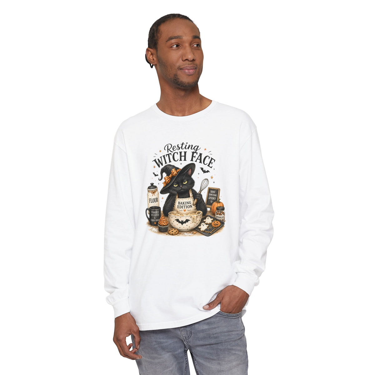 Resting Witch Face Long Sleeve T-Shirt — Cute Witch Cat Halloween Top