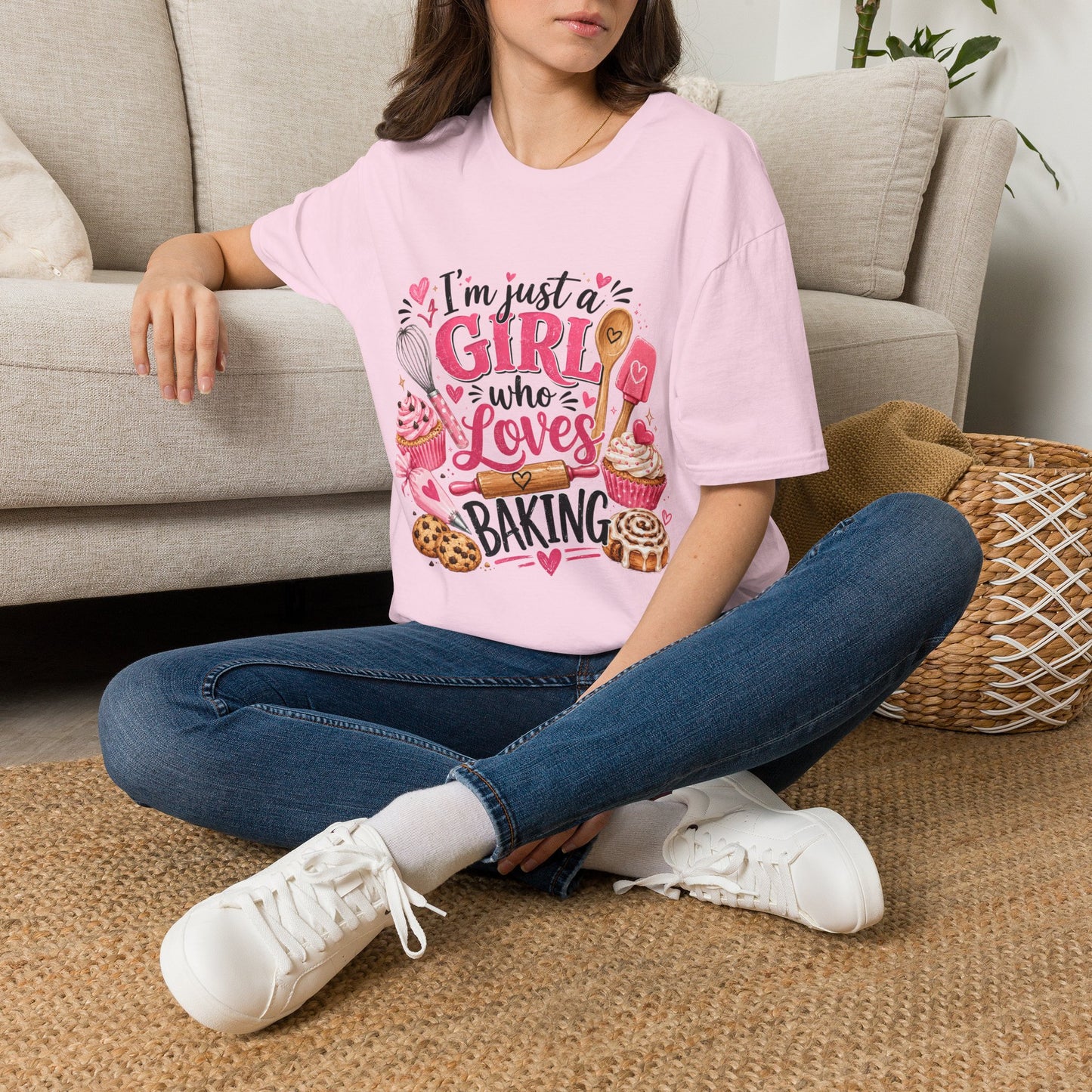 Baking Lover T‑Shirt — "I'm Just a Girl Who Loves Baking" Cute Pink Kitchen Graphic Tee