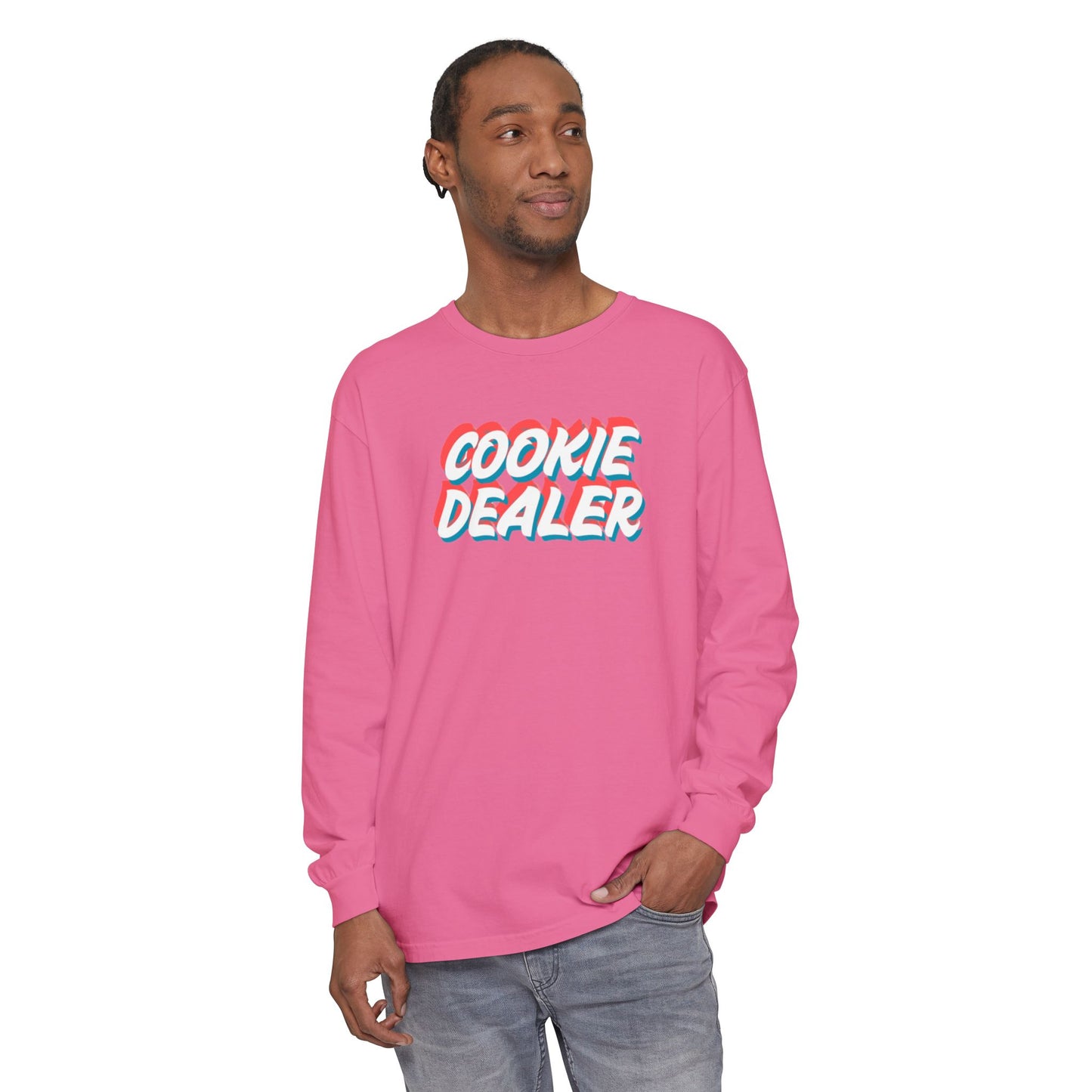 Cookie Dealer Long Sleeve Tee — Retro 3D Text Graphic Shirt
